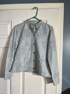 Chico's Pale Blue Embroidered Denim-Style Jacket